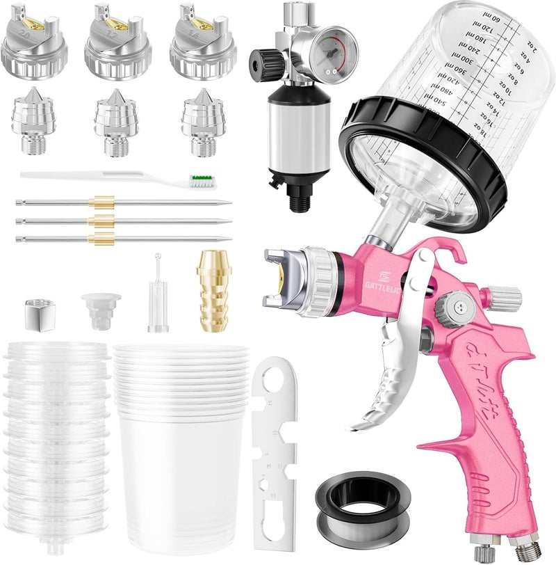 GATTLELIC HVLP Air Spray Gun with 1.4/1.7/2mm Nozzles & Air Compressor Regulator, Air Spray Paint Gun w/10pcs 600cc Mixing Cup and Lids, Automotive Paint Sprayer for Car, House Painting, Furniture (Pink) - Image 1